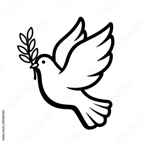 Dove of Peace: A simple yet powerful icon of peace and hope, a white dove in flight carrying an olive branch, rendered in bold black lines. The minimalist design evokes a sense of serenity and unity.