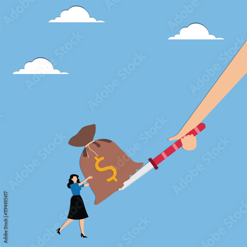 Business financial risks, risky high-risk investments trying to get a high return on investment, dangerous or bad business decisions, businesswomen pushing the purse strings on a knife edge