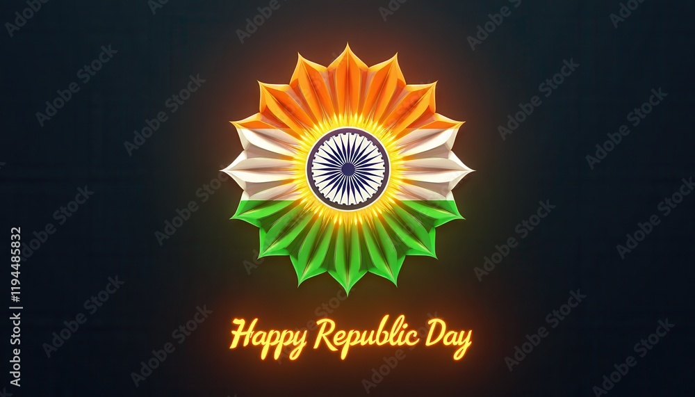 Fototapeta premium Ashoka Chakra in tricolor with glowing text Happy Republic Day underneath.