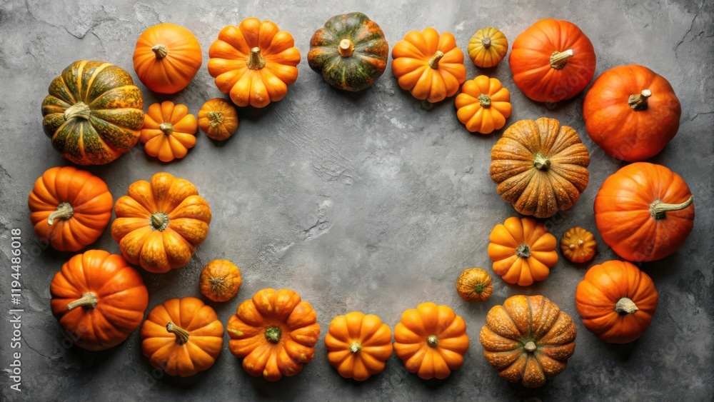 A festive arrangement of pumpkins and gourds create a beautiful autumnal frame on a textured gray surface. A festive arrangement of pumpkins and gourds create a beautiful autumnal frame on a textured gray surface.