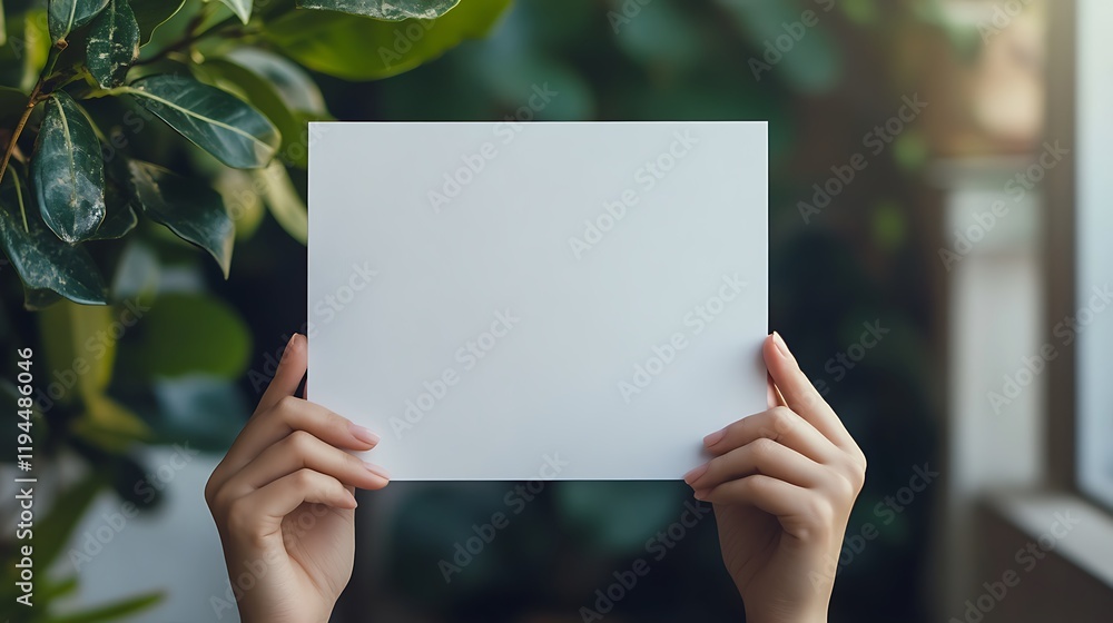 Blank White Paper Mockup Against Lush Greenery Blank White Paper Mockup Against Lush Greenery