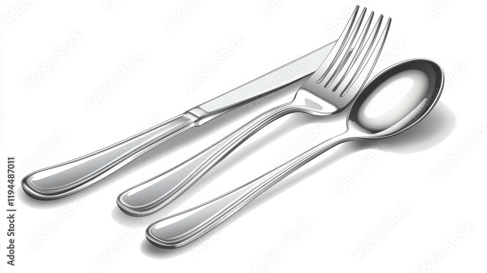 3D set of fork, knife and spoon isolated on white background. Vector realistic illustration of silver or stainless steel cutlery collection, modern restaurant kitchen flatware design, dining tools 3D set of fork, knife and spoon isolated on white background. Vector realistic illustration of silver or stainless steel cutlery collection, modern restaurant kitchen flatware design, dining tools