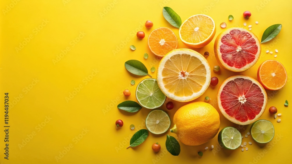 A vibrant composition of citrus fruits and green leaves on a bright yellow background A vibrant composition of citrus fruits and green leaves on a bright yellow background