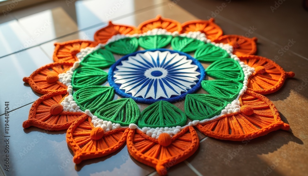 Obraz premium Traditional Indian rangoli in tricolor with Happy Republic Day at the center.
