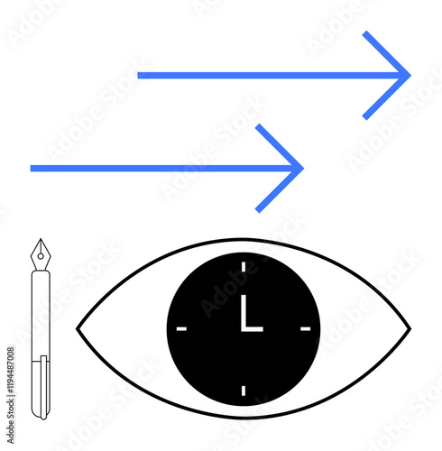 Eye with clock pupil, blue arrows showing direction, and pen symbolizing focus, planning, and progress. Ideal for productivity, time management, creativity, vision goals direction and abstract