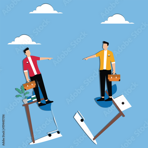 Anger, arguments, quarrels, broken negotiations, office politics, communication problems, two businessmen arguing and blaming each other at a broken desk