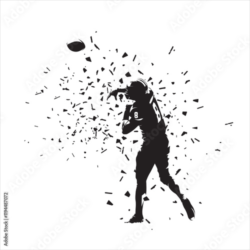 Football player throws ball, isolated vector silhouette with dispersion effect, ink drawing, rear view. American football, team sports