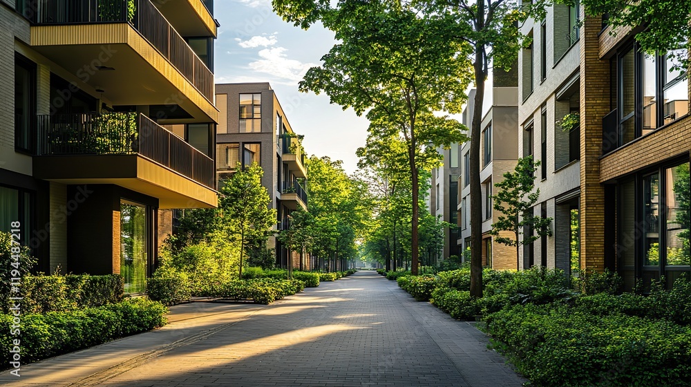 The street in the residential town with modern brick houses and trees under the blue sky creates a calm and comfortable atmosphere The street in the residential town with modern brick houses and trees under the blue sky creates a calm and comfortable atmosphere