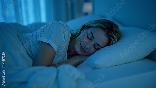 Woman peacefully sleeping soundly in her bed at night