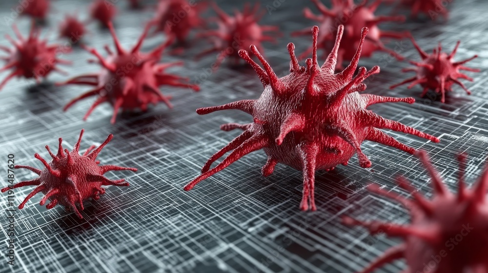 Detailed microscopic visualization, a cluster of glowing red viruses on dark background Detailed microscopic visualization, a cluster of glowing red viruses on dark background
