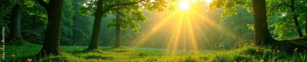 Fototapeta premium Bright sun rays illuminate lush green forest, panoramic view , summer, vibrant