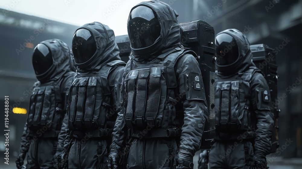 Four astronauts in advanced suits stand ready for a mission in a futuristic industrial setting Four astronauts in advanced suits stand ready for a mission in a futuristic industrial setting