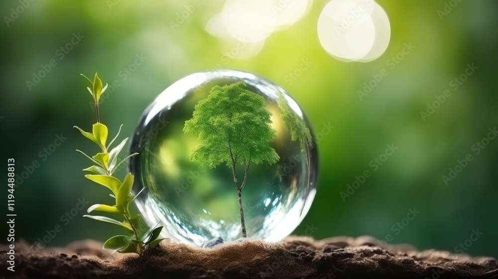 Small tree growing inside a glass sphere on rich soil Small tree growing inside a glass sphere on rich soil