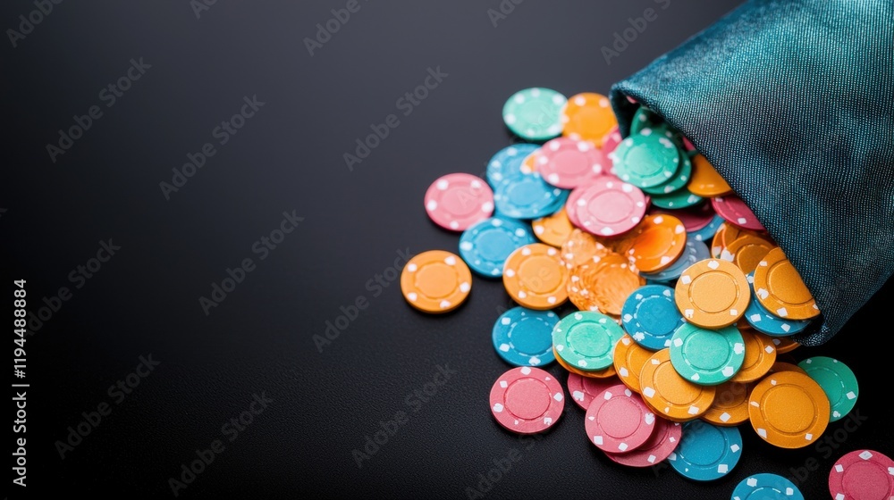 Obraz premium A velvet pouch overflowing with colorful casino tokens, representing the spoils of a successful gambling session and the allure of casino winnings.