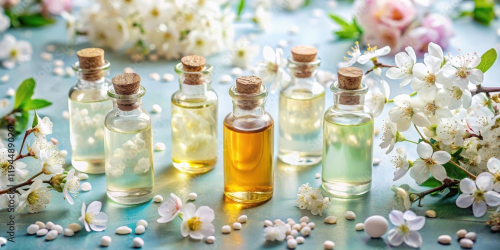 Aromatic Essential Oils in Glass Bottles Surrounded by Delicate White Flowers on a Light Blue Background Aromatic Essential Oils in Glass Bottles Surrounded by Delicate White Flowers on a Light Blue Background