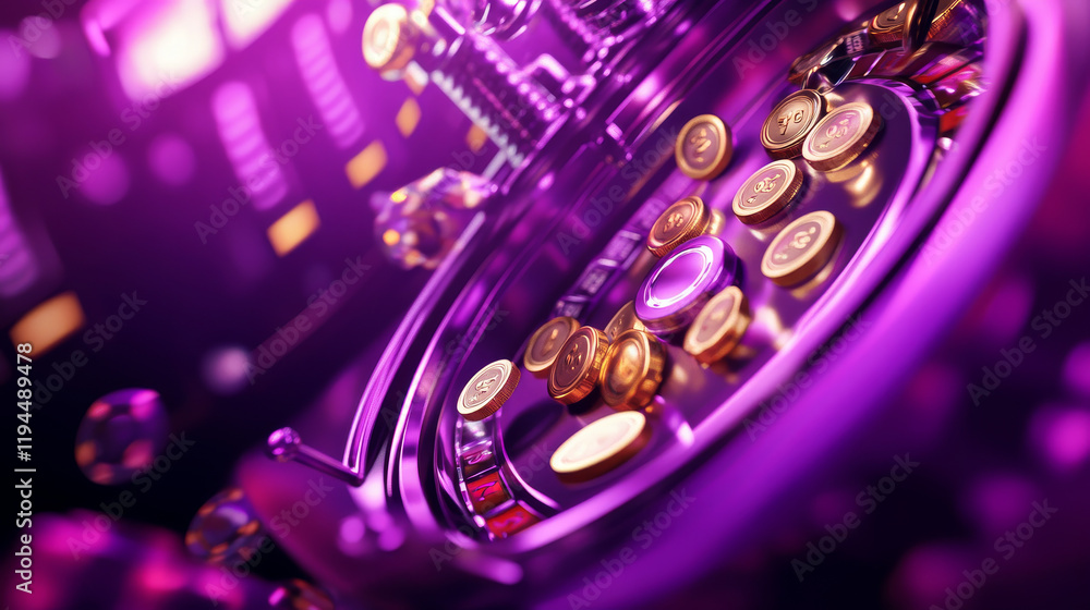Obraz premium 3d casino slot machine purple game background. Lucky blank gambling banner for jackpot online. Realistic lottery winner illustration with coin. Empty roulette with handle to bet big money concept