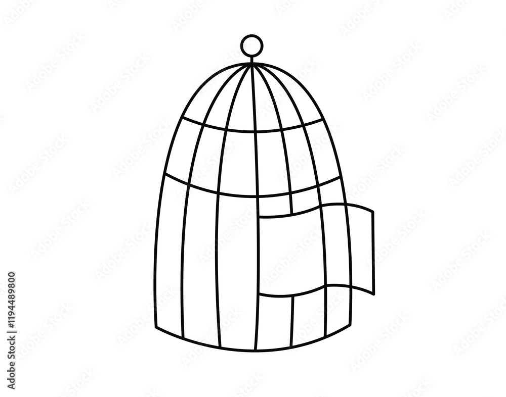 Open cage concept line doodle icon. Flat concept open cage of liberation, freedom sticker. Isolated on white background. Open cage concept line doodle icon. Flat concept open cage of liberation, freedom sticker. Isolated on white background.