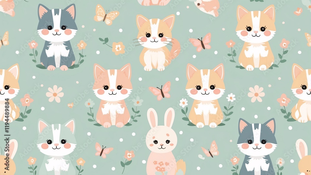 Colorful pattern featuring cute kittens and a bunny among flowers and butterflies designed for a playful and cheerful atmosphere Colorful pattern featuring cute kittens and a bunny among flowers and butterflies designed for a playful and cheerful atmosphere