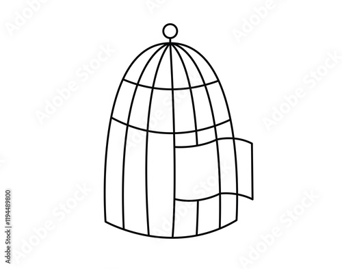 Open cage concept line doodle icon. Flat concept open cage of liberation, freedom sticker. Isolated on white background.