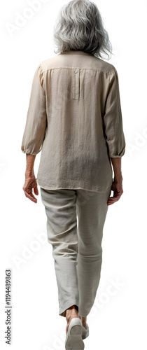Woman Walking Away, Isolated Background;  Beige Linen Shirt and Pants, White Shoes,  Gray Hair