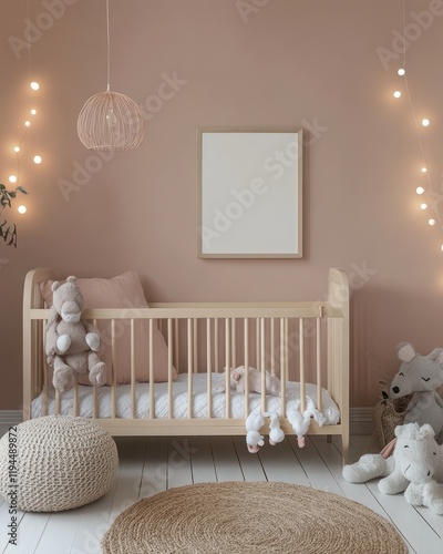 Nursery Room Decor With Wooden Crib And Toys