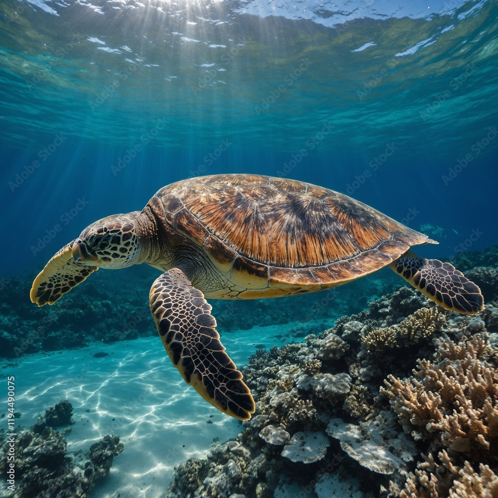 Fototapeta premium A sea turtle gracefully swimming through clear blue water, surrounded by white. A sea turtle swimming gracefully through the ocean.