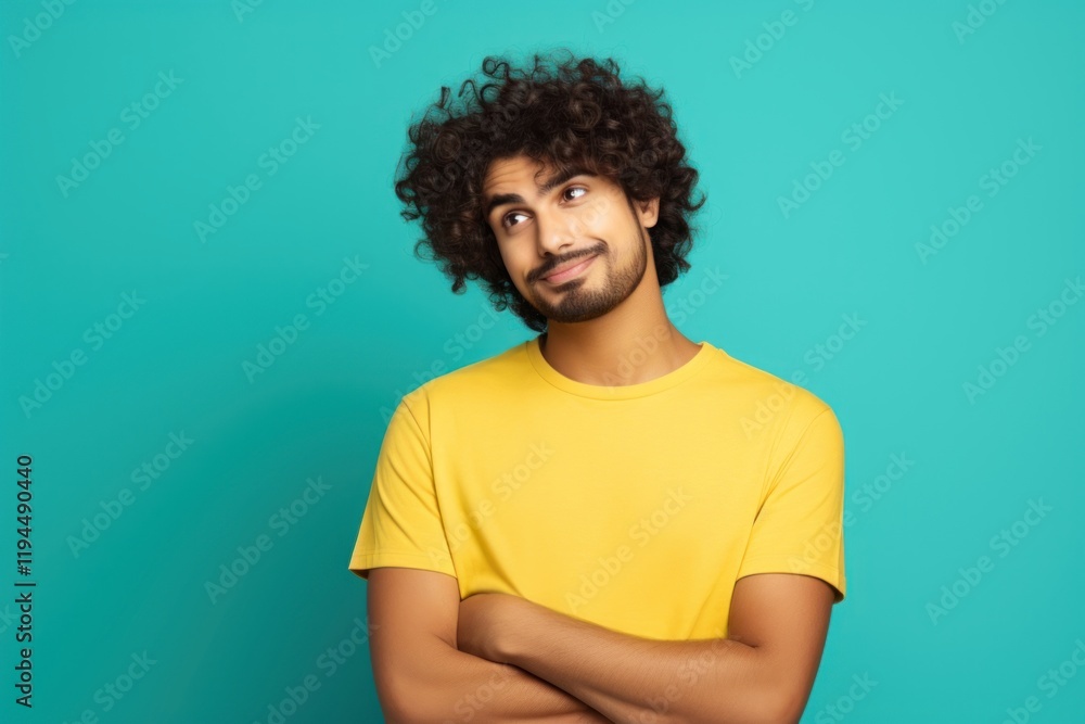 Indian man with curly hair portrait standing t-shirt. Indian man with curly hair portrait standing t-shirt.
