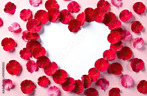 Red rose petals surround a heart-shaped empty space, perfect for writing personal messages. This lovely floral arrangement adds elegance to any occasion. Background for birthday, mother day, valentine