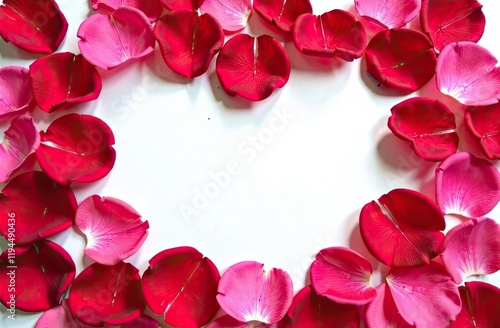 Red rose petals surround a heart-shaped empty space, perfect for writing personal messages. This lovely floral arrangement adds elegance to any occasion. Background for birthday, mother day, valentine