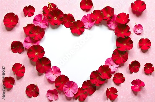 Red rose petals surround a heart-shaped empty space, perfect for writing personal messages. This lovely floral arrangement adds elegance to any occasion. Background for birthday, mother day, valentine