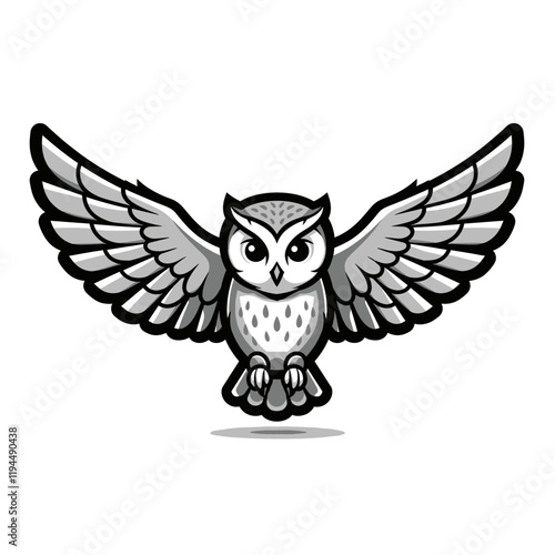 Majestic Owl in Flight: A powerful grayscale illustration of an owl with wings outstretched, capturing its majestic presence and serene power.