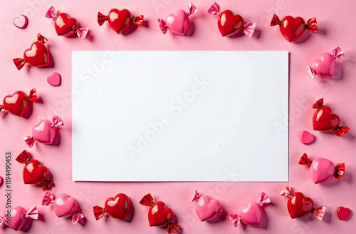 Pink and red heart shaped candies surround a blank space, perfect for writing personal messages.  Background for birthday, mother day, valentine day