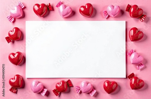 Pink and red heart shaped candies surround a blank space, perfect for writing personal messages.  Background for birthday, mother day, valentine day