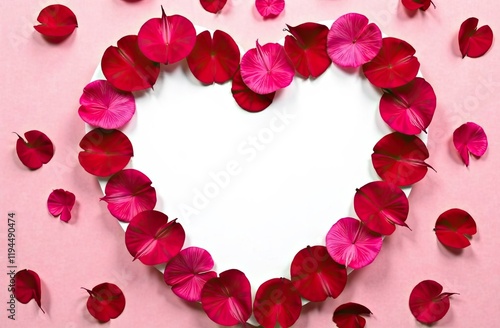 Red rose petals surround a heart-shaped empty space, perfect for writing personal messages. This lovely floral arrangement adds elegance to any occasion. Background for birthday, mother day, valentine