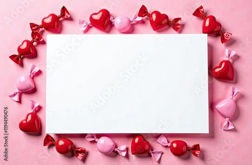Pink and red heart shaped candies surround a blank space, perfect for writing personal messages.  Background for birthday, mother day, valentine day