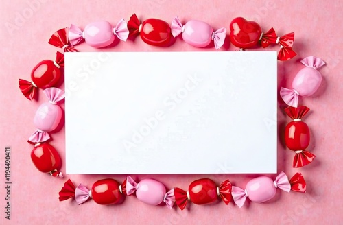 Pink and red candies surround a blank space, perfect for writing personal messages.  Background for birthday, mother day, valentine day