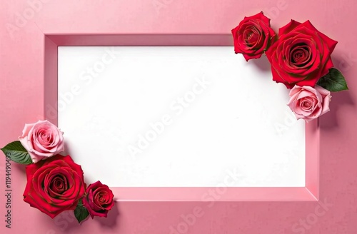 Pink and red roses surround a blank space, perfect for writing personal messages. This lovely floral arrangement adds elegance to any occasion. Background for birthday, mother day, valentine day