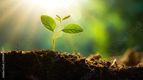A vibrant green seedling emerges from dark soil, bathed in sunlight, representing new growth and life.