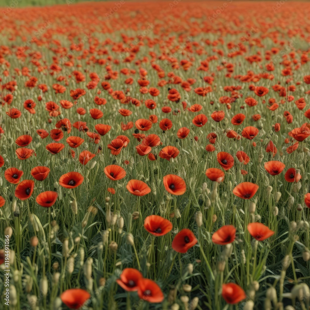 Fototapeta premium A field of oat with a few poppy flowers in the first plan , wildflowers, garden, rural