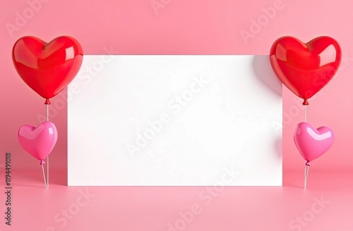 Blank notepad next to heart-shaped balloons, perfect for writing personal messages. Background for birthday, mother day, valentine day