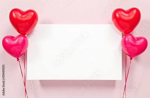 Blank notepad next to heart-shaped balloons, perfect for writing personal messages. Background for birthday, mother day, valentine day