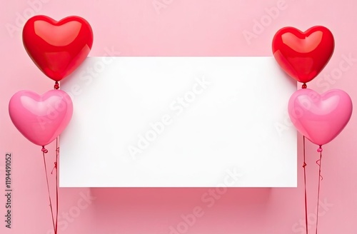 Blank notepad next to heart-shaped balloons, perfect for writing personal messages. Background for birthday, mother day, valentine day