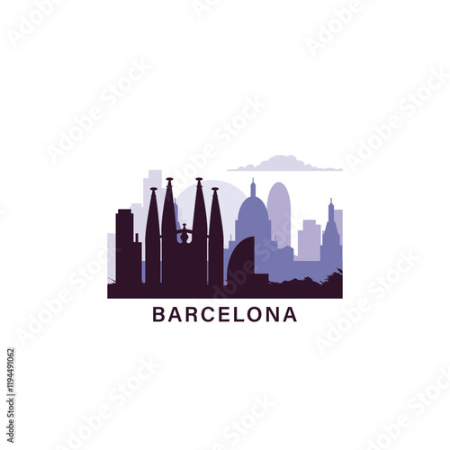 Barcelona logo with skyline, cityscape retro vector icon. Spain city horizon, facade, travel logotype