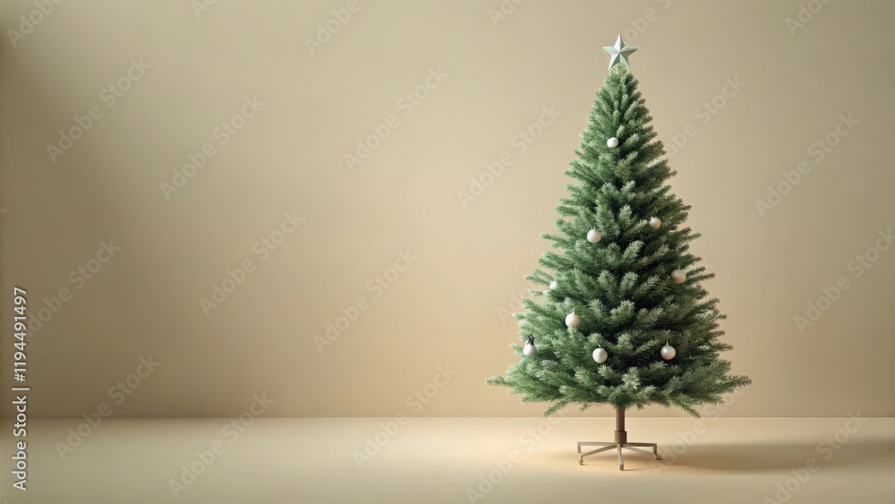 A Minimalist Christmas Tree with White Ornaments and a Star on Top, Set Against a Soft Beige Wall A Minimalist Christmas Tree with White Ornaments and a Star on Top, Set Against a Soft Beige Wall