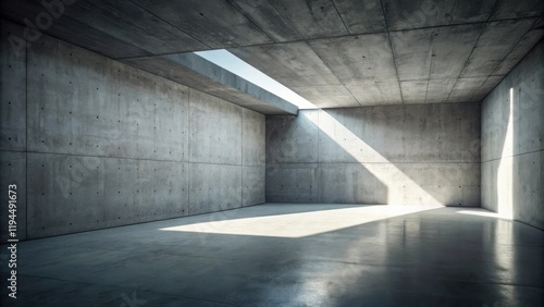 Sunlight streams through a rectangular opening in the ceiling of a spacious concrete room, casting sharp shadows on the smooth floor.