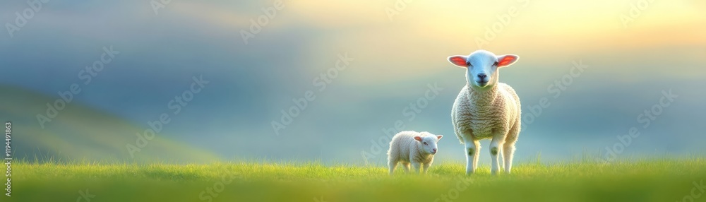 Fototapeta premium A mother sheep and her lamb, peaceful grazing scene in green meadow