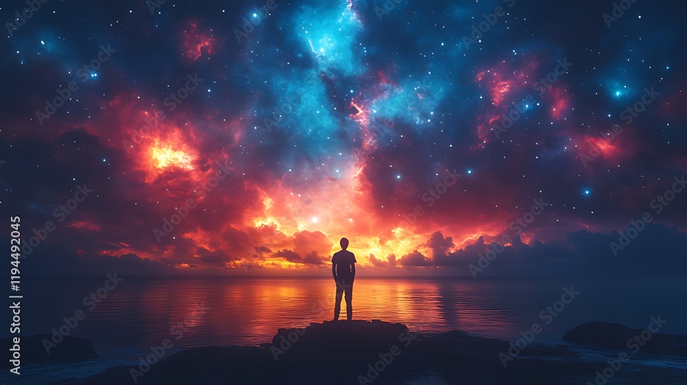 Fototapeta premium Man contemplates cosmic nebula, ocean sunset