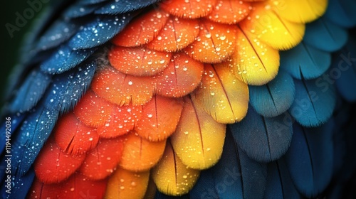 Close-Up View of Vibrant Bird Feathers Displaying Rich Tones of Orange, Yellow, and Blue with Water Drops Add Depth and Texture to Nature's Artistry