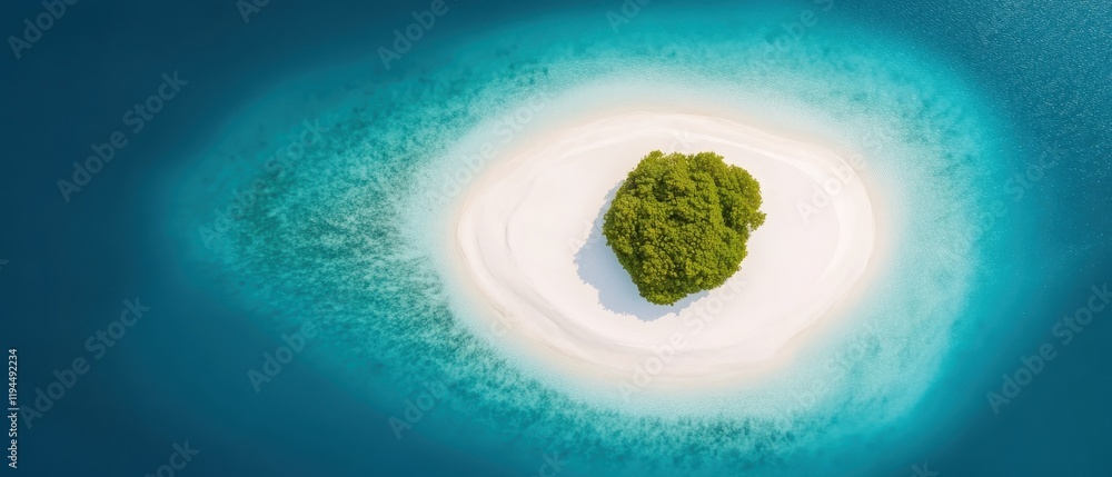 Secluded Tropical Island Paradise, Aerial View of a Small Island with Lush Green Tree and Pristine White Sand Beach Secluded Tropical Island Paradise, Aerial View of a Small Island with Lush Green Tree and Pristine White Sand Beach