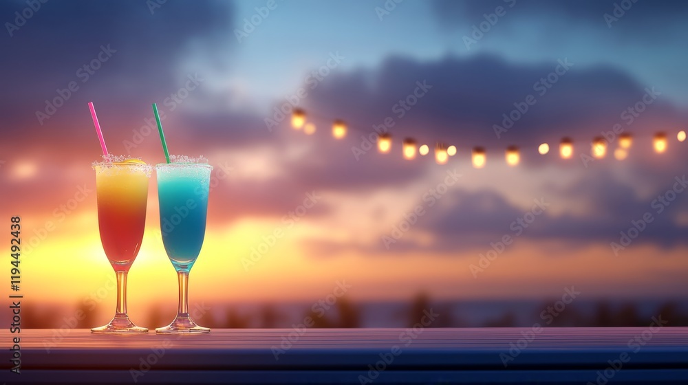 Obraz premium Two cocktails with ocean sunset view, a relaxing tropical beach vacation 